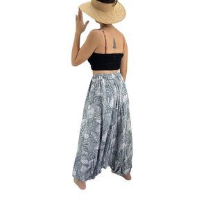 Apau ~ Gender Fluid Alladin Gypsy Pants Gray White Tropical Floral Leaf Design